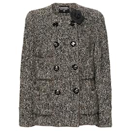 Jaqueta Chanel Y2K em bouclé multicolorida com botões de logotipo e broche de Camélia