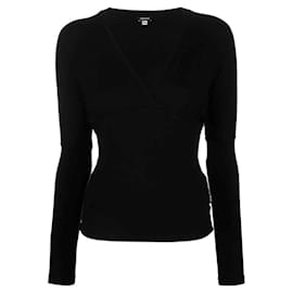 Versace Y2K schwarzer V-Ausschnitt-Pullover aus Viskose mit elastischem Oberteil
