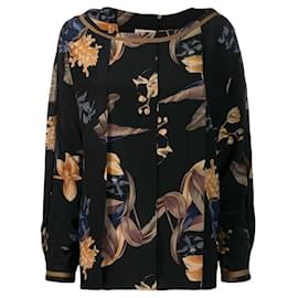 Camicetta Versace 80s in seta nera con stampa floreale e maniche a pipistrello