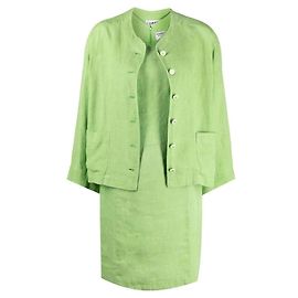 Chanel 90er Jahre Leinen-Anzug in Apfelgrün: Rundhalsjacke & ärmelloses Kleid