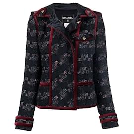Chanel Bouclé-Jacke in Blau aus den 2010er Jahren mit Lurex-Stickerei und rotem Samtbesatz