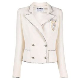 Chanel Limited Edition Ivory Silk Double-Breasted Jacket with Bouclé Trim