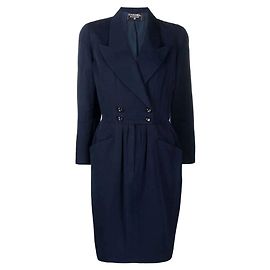 Chanel 80er Jahre Midi-Kleid aus blauer Baumwolle mit zweireihiger Knopfleiste und Logo-Knöpfen