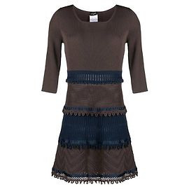 Abito in viscosa Chanel Y2K marrone e blu con scollo quadrato e dettagli in crochet