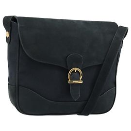 Borsa a tracolla Salvatore Ferragamo Gancini in scamosciato blu navy e oro Autentica 182997
