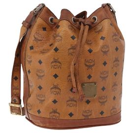 Borsa a Spalla MCM Vicetos Logogram PVC Pelle Marrone Oro Auth 183974