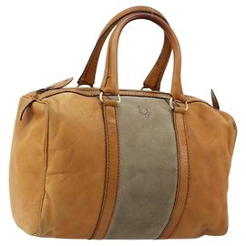 Bolso Christian Dior de cuero y ante marrón con detalles dorados Auténtico 182155
