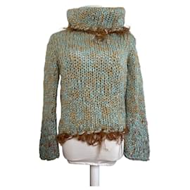 Vintage Escada Wollpullover mit Pelzbesatz Aqua Beige M