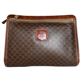 Céline Pouch Vintage Celine de Lona Recubierta Marrón Óxido Oro