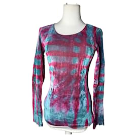 Top de manga larga plisado vintage Issey Miyake Fuchsia Turquoise Navy M