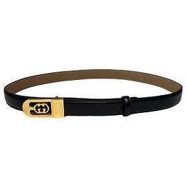 Vintage Gucci GG Logo Ledergürtel Schwarz Beige Gold