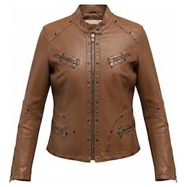 Rizal Brown Grommet and Stud Detail Zip Front Leather Jacket