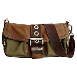 Borsa a tracolla Prada in nylon e pelle marrone e verde