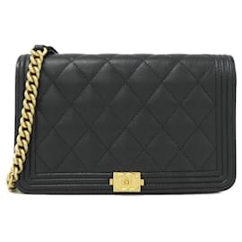 Chanel Boy Line AP1117 Geldbörsenkette aus schwarzem genarbtem Kalbsleder