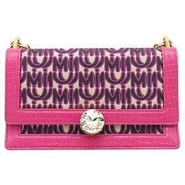 Miu Miu Borsa a tracolla MM Paris Emiuticon in jacquard rosa e vernice con stampa coccodrillo e catena di cristalli