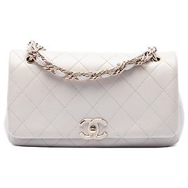 Chanel White Large Quilted Lambskin Twist Chain Enamel CC Flap