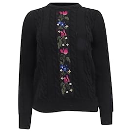 Saint Laurent Floral Cable Knit Pullover aus schwarzer Wolle