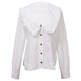 Top Ganni Maxi Ruffled Collar in cotone bianco
