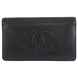 Cartera larga de cuero negro con logotipo Coco de Chanel