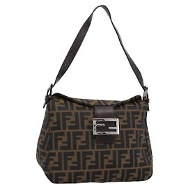 Borsa a Spalla FENDI Mamma Baguette in Tela Zucca Nero Marrone Argento Auth 183887SAM