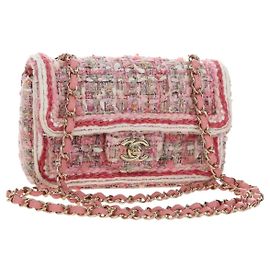 CHANEL Matelasse Chain Shoulder Bag Wool Tweed Pink Gold CC Auth 181936SAM