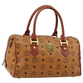 Borsa Boston MCM Vicetos Logogram PVC Pelle Marrone Oro Auth 182670
