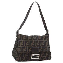 FENDI Borsa a Spalla Mamma Baguette in Tela Zucca Nero Marrone Argento Auth 183864SAM