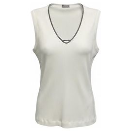 Top in cotone elasticizzato a costine bianco Brunello Cucinelli con dettaglio a catena Monili