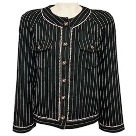 Chaqueta Chanel de lana y lino a rayas Negro / Blanco / Rosa 2023 con botones con logo CC