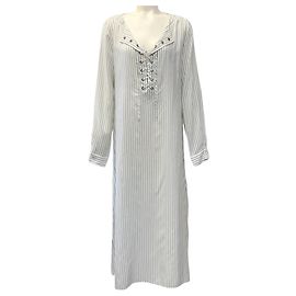 Vestido Kaftan Maxi Listrado de Risca de Giz Marfim / Cinza Carolina Herrera
