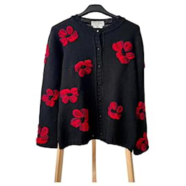 Yves Saint Laurent Schwarzer Wollcardigan mit roten Blumen