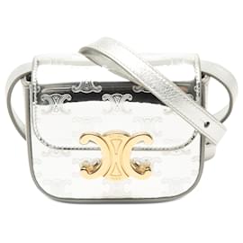 Céline Celine Claude Crossbody Mini Triomphe in pelle di vitello metallizzata argento