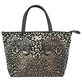 Salvatore Ferragamo Ferragamo Black Nylon Leopard Print Double Gancini Tote