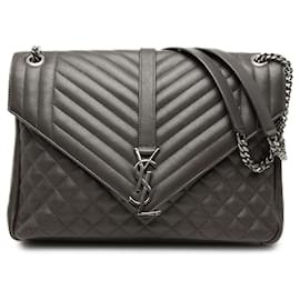 Borsa College Saint Laurent in pelle di pecora Triquilt grigia con monogramma, taglia Large