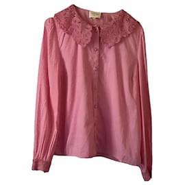 SéZane Blusa de Algodón Rosa con Cuello de Encaje
