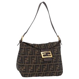 FENDI Zucca Canvas Mamma Baguette Borsa a Spalla Nero Marrone Oro Auth am11782V