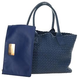 BOTTEGA VENETA INTRECCIATO Cabas PM Tote Bag Pelle Blu 141498 Auth yk20363SAV