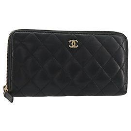 CHANEL Portafoglio Long Matelassé in Pelle di Agnello Nero Oro CC Autentico 183495