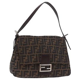 FENDI Zucca Canvas Mamma Baguette Shoulder Bag Black Brown Auth am11778V