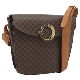 Céline Bolso bandolera circular CELINE Macadam Canvas PVC Cuero Marrón Oro Auth 183857A