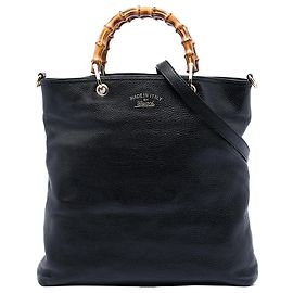 Borsa Gucci Black Tall Leather Bamboo Shopper in pelle nera
