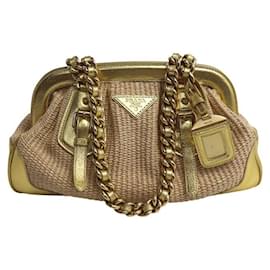 Borsa in paglia beige e oro Prada