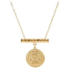 Autre Marque Collana placcata oro con pendente a moneta e barra martellata