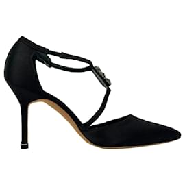 Décolleté Seneca in raso nero con decorazioni in cristallo Manolo Blahnik
