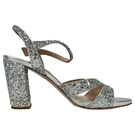 Sandali in pelle decorati con cristalli Miu Miu in Silver Glitter