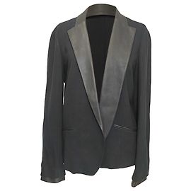 Theory Leandria Smoking-Blazer mit Lederbesatz aus schwarzer Viskose