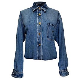 Miu Miu Cropped Raw Hem Shirt in Light Blue Denim