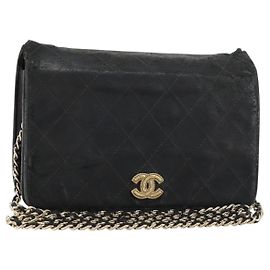 CHANEL Matelasse Chain Shoulder Bag Lamb Skin Black Gold CC Auth gh2043