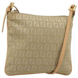 Borsa a Spalla FENDI Zucchino Canvas Beige Oro Auth 182966A
