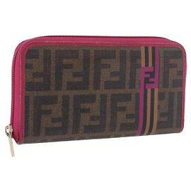 FENDI Zucca Canvas Langgeldbörse PVC Schwarz Braun Auth 184235A